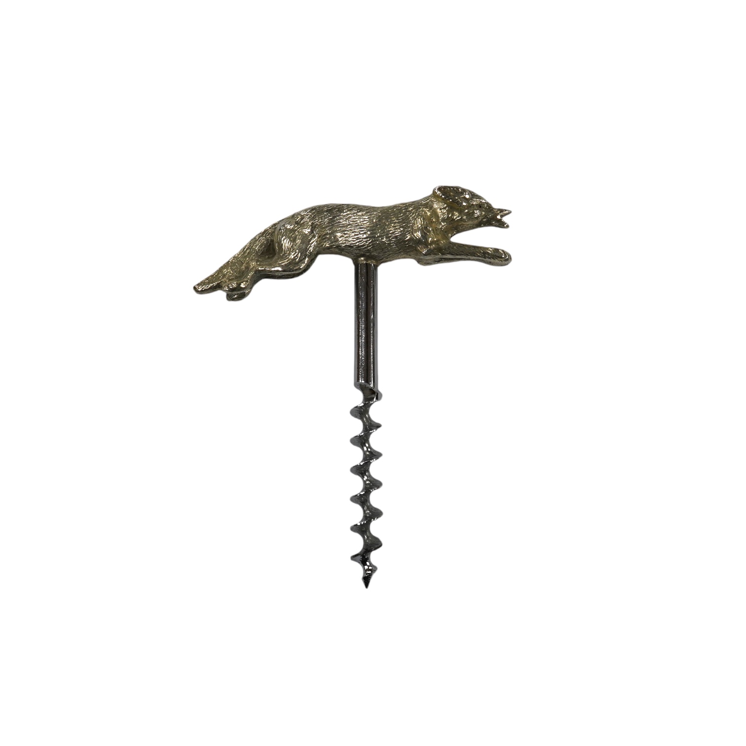An Elizabeth II novelty silver corkscrew, the handle modelled as a running fox, J.B. Chatterley & Sons, Birmingham, 1968, fox length 85mm. Condition - good